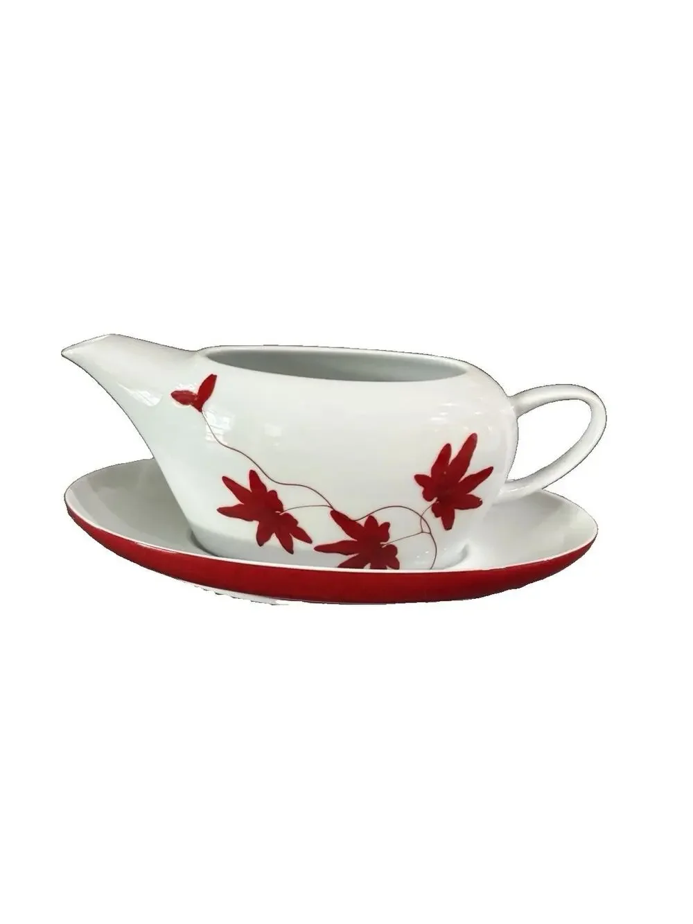 Mikasa Pure Red Floral Porcelain Gravy Boat & Underplate SL134 Portugal